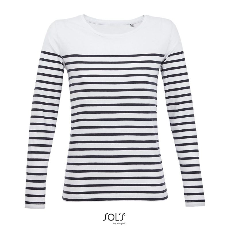Camiseta Rayada De Manga Larga Para Mujer Matelot Lsl Women Sols - Blanco Azul Marino - Sols