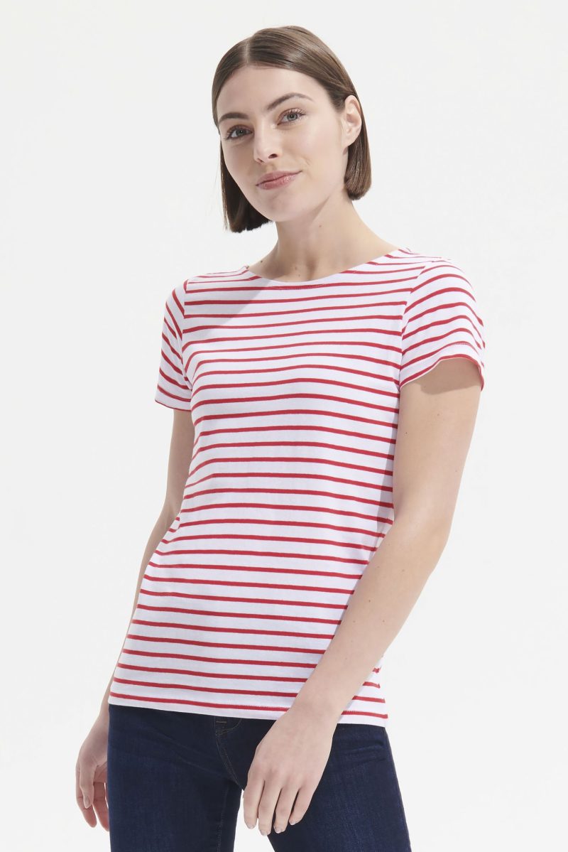 Camiseta De Cuello Redondo A Rayas Para Mujer Miles Women Sols
